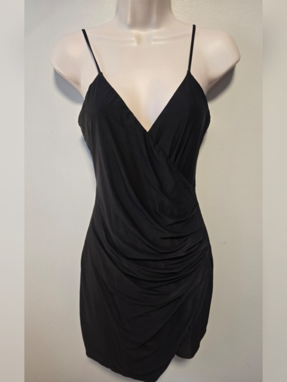 Lumiere Small Black Wrap-Front Spaghetti Strap Mini Dress - Picture 3 of 5